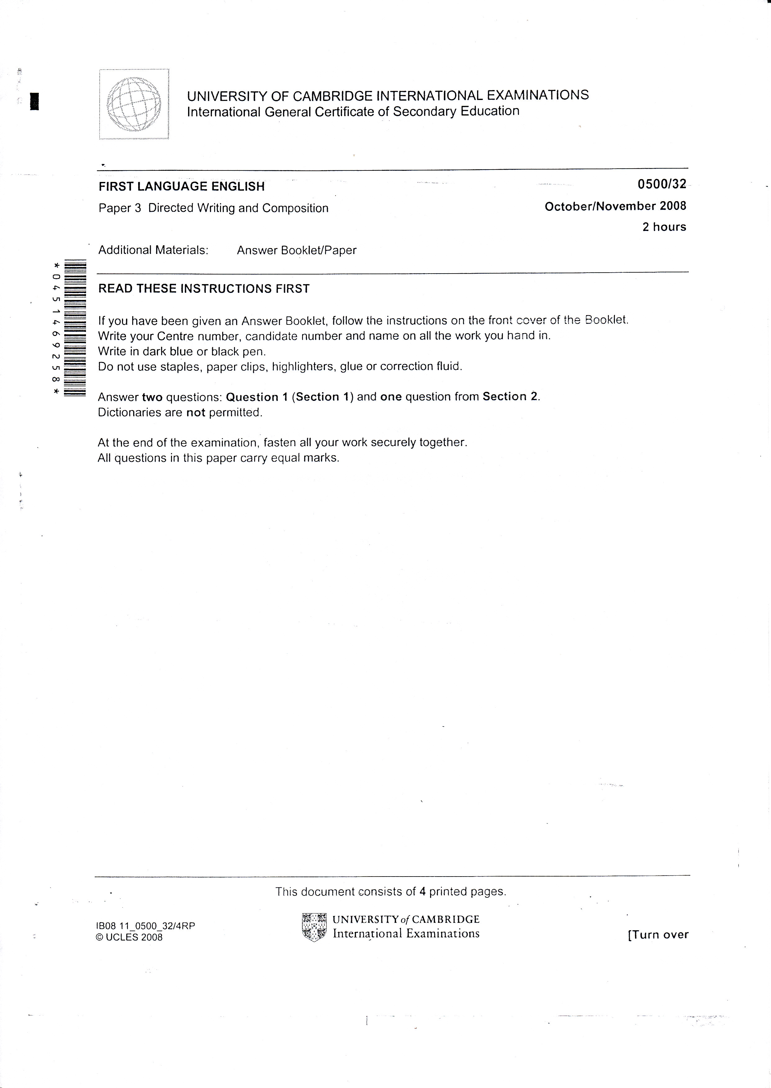 IGCSE English Paper 3 Directed Writing and Composition Nov 2008